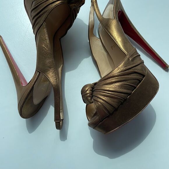 Christian Louboutin Peep Toe Golden Glam Bronze Leather Red Bottom Heels 40.5 - Picture 5 of 10